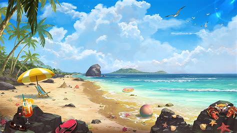 1284x2778px, 2K free download | Anime seascape, beach, clouds, summer, sand castle, seagulls ...