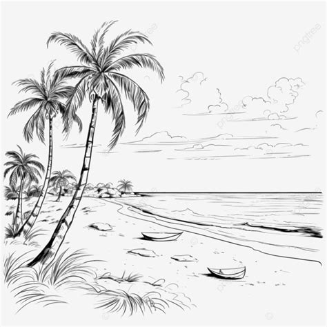 Beach Scenery Black Sketch Outline With Palm Tree And Ocean Beach Clipart, Beach, Palm Tree ...