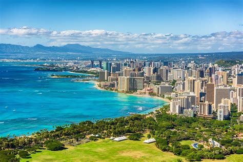 Honolulu city view from Diamond Head lookout, Waikiki beach landscape background. Hawaii travel ...