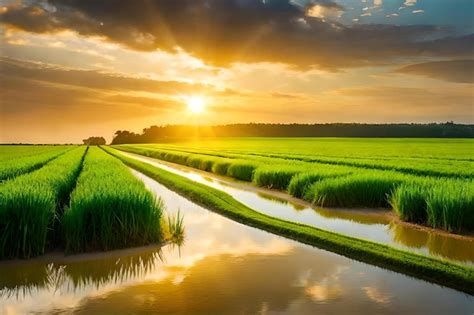 Premium Photo | Rice fields in the sunset