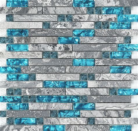 Blue glass stone mosaic wall tiles gray marble tile kitchen backsplash ...