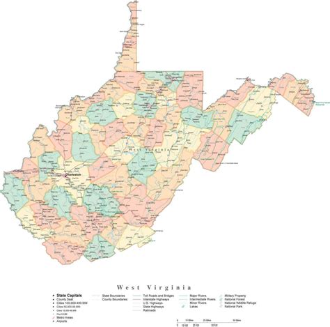 State Map of West Virginia in Adobe Illustrator vector format. Detailed ...