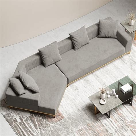 143" Gray Modern Velvet Upholstered Modular Sectional for 5 Seaters Sofa | Homary