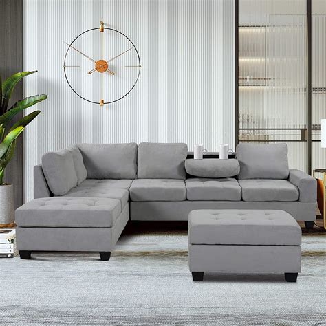 3 Piece Convertible Sectional Sofa L-Shaped Couch with Reversible Chaise Lounge Storage Ottoman ...