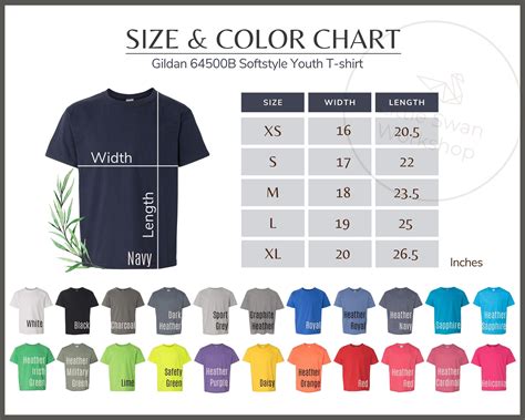 Gildan 64500B Color and Size Chart, Gildan G645B Youth T-shirt Color Chart, Gildan 64500B All ...