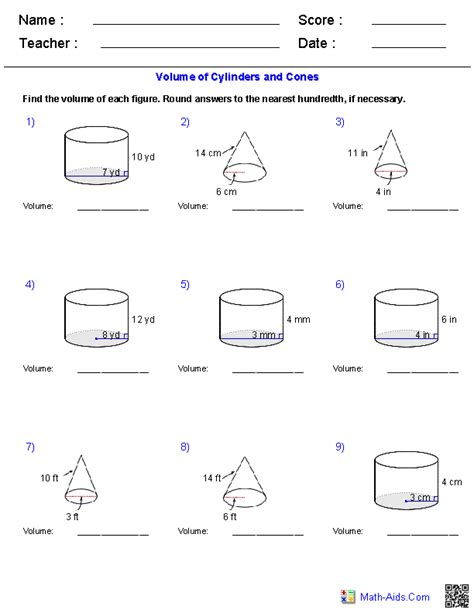 Surface Area And Volume Of Cylinders Worksheets