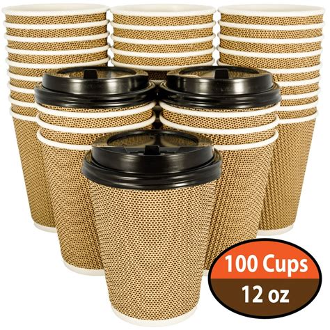 OzBSP 100 Pack 12 oz Disposable Coffee Cups with Lids - 12oz Paper Coffee Cups Ripple Wall ...