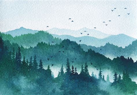 Watercolor Mountains - Handpainted Landscape Art Pine Trees Forest ...