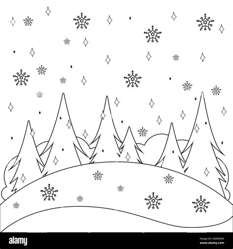 Winter landscape with snow. Black and white coloring page Stock Photo ...