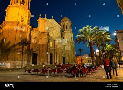 Spain, Cadiz, Plaza de la Catedral, Cathedral illuminated at night ...