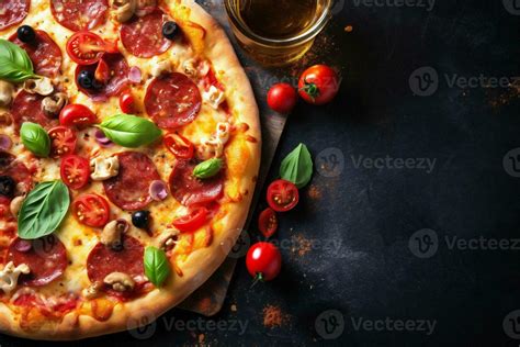 fast meal tomato cheese copy food pepper space pizza background black italian food. Generative ...