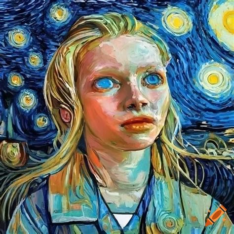 Painting of a starry night sky with a blonde girl