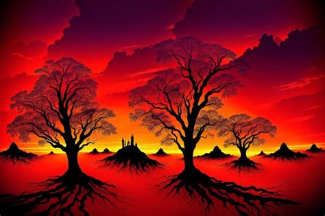 Premium AI Image | Painting of a red landscape with dry trees