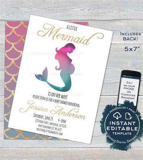 Mermaid Baby Shower Invitation, Editable Girl Mermaid Gold Baby Shower