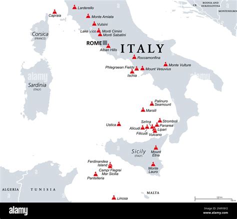 Italy, active and extinct volcanoes, political map. Active, dormant and underwater volcanoes in ...