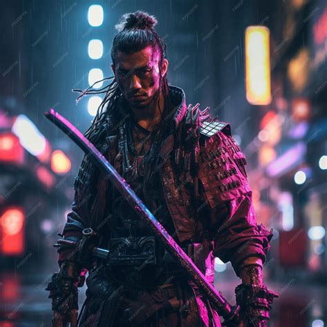 Premium AI Image | shot of samurai Cyberpunk samurai surrounded by city neon lighting