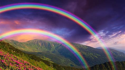 HD wallpaper: rainbow, double rainbow, nature, sky, purple sky, landscape | Wallpaper Flare