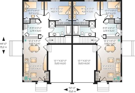 Plan 2145DR: Duplex with Center Car Garage for Privacy | Duplex floor ...