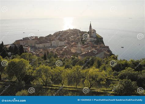 Sunset in Piran, Slovenia stock image. Image of town - 15439453