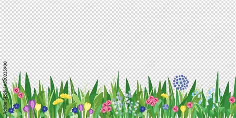 Spring garden grass and flowers border. Cartoon vector flower background. Green elements objects ...