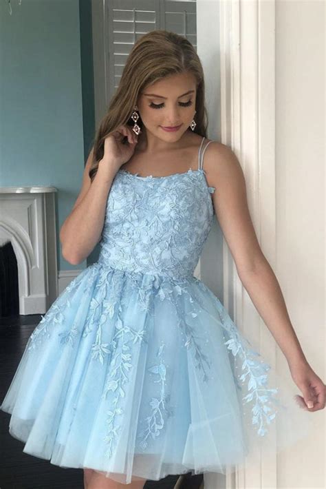 Open Back Light Blue Lace Short Homecoming Prom Dress, Light Blue Lace – abcprom