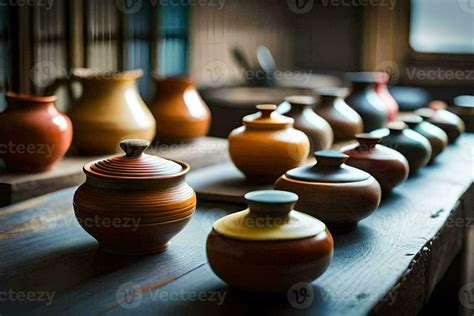 many different types of pottery are lined up on a table. AI-Generated ...