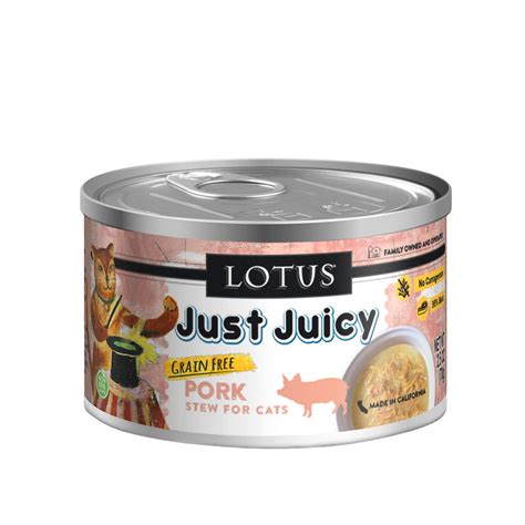 Lotus Just Juicy Pork Stew Grain-Free Canned Cat Food, 2.5-oz, case of 24 | NaturalPetWarehouse.com