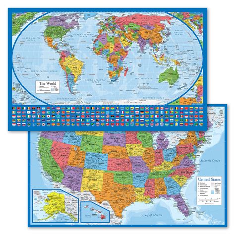 Buy 2 Pack - Laminated World & USA Set - Equal Earth world design shows continents at true ...