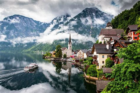 HD wallpaper: trees, landscape, mountains, nature, lake, home, boats, Austria | Wallpaper Flare