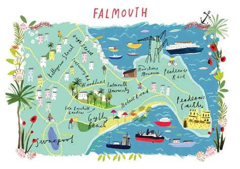 Illustrated A4 Map of Falmouth Cornwall UK.