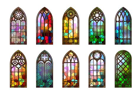 Gothic stained glass windows. Church medieval arches. Catholic cathedral mosaic frames. Old ...