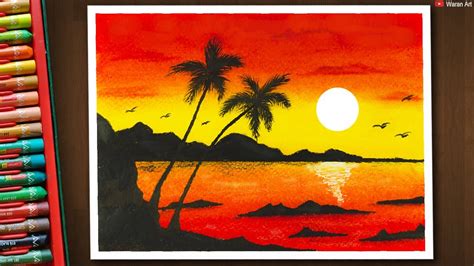 How to Draw Easy and Beautiful Sunset using Oil pastels / basic beginners drawing tutorials ...