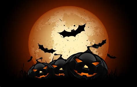 Wallpaper vector, Halloween, moon, night, bats, pumpkins, full moon, scary, spooky, vector art ...