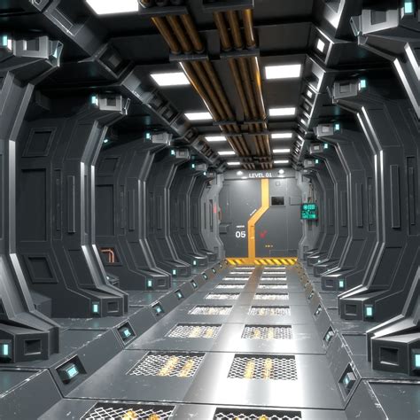 sci fi interior game ready science fiction scene low poly corridor futuristic starship space ...