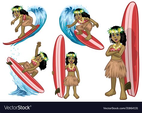 Set cartoon beautiful hawaiian surfer girl Vector Image