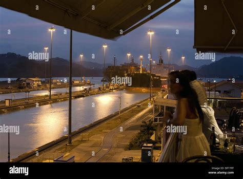 ´Panamax´ dimensions cargo ships transiting the Panama Canal at Miraflores locks, Panama Stock ...