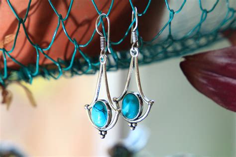 TURQUOISE DANGLE EARRINGS - Vintage style Earrings - Silver Plated Healing Crystal Jewellery ...