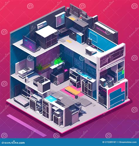 Isometric Image of Interior Office Produced with Cyberpunk Style. Stock ...