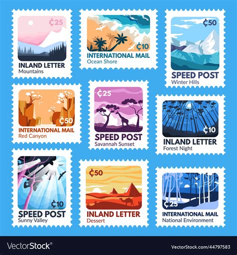 Postage stamp design set with colorful landscape Vector Image