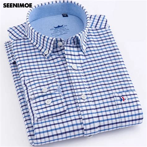 Seenimoe Mens Smart Casual Shirts 100% Cotton Plaid Shirt Men Oxford ...