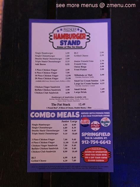 Menu at Stacks Hamburger Stand fast food, Springfield