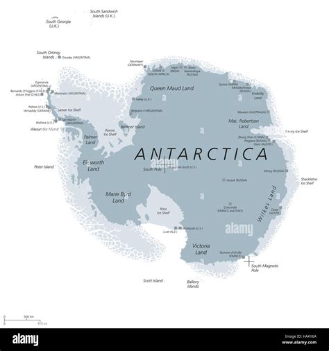 Antarctica political map with Geographic and Magnetic South pole, scientific research stations ...