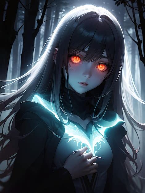 Premium AI Image | an anime girl with glowing red eyes in a dark forest