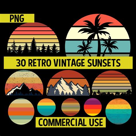 Retro Vintage Sunsets Pack 1 30 Retro Sunset Clipart PNG Digital Download Mountains, Trees ...