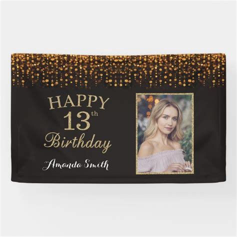 Happy 13th Birthday Banner. Gold Glitter Photo Banner | Zazzle | 40th ...