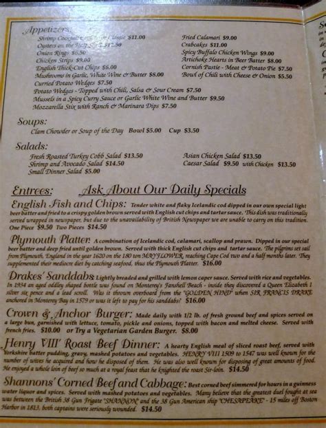 Menu at The Crown & Anchor pub & bar, Monterey