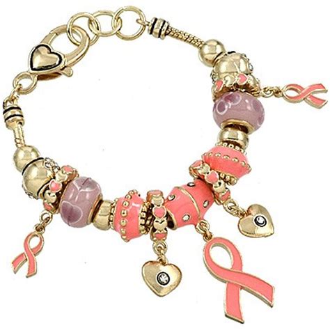 Pandora Inspired Breast Cancer Pink Ribbon Heart Charm Bracelet, Gold Tone