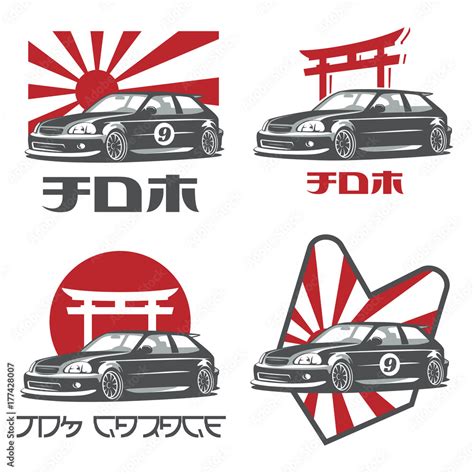 Old japanese car logo, emblems and badges isolated on white background. "JDM" and "JDM garage ...