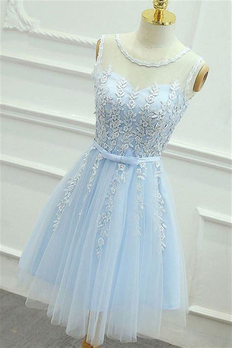 A Line Sleeveless Light Blue Tulle Lace Short Prom Dress With Sash