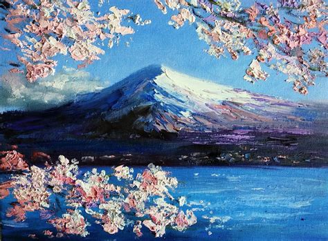 Landscape Mountain Sea view Fuji Spring Cherry Blossom Japan Sakura (2020) Oil painting by ...